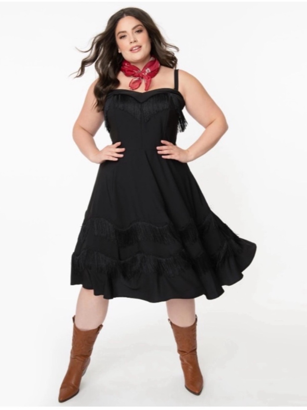NEW Unique Vintage Black Fringe Girlie Swing Midi Dress Western Plus 1X - Picture 2 of 10